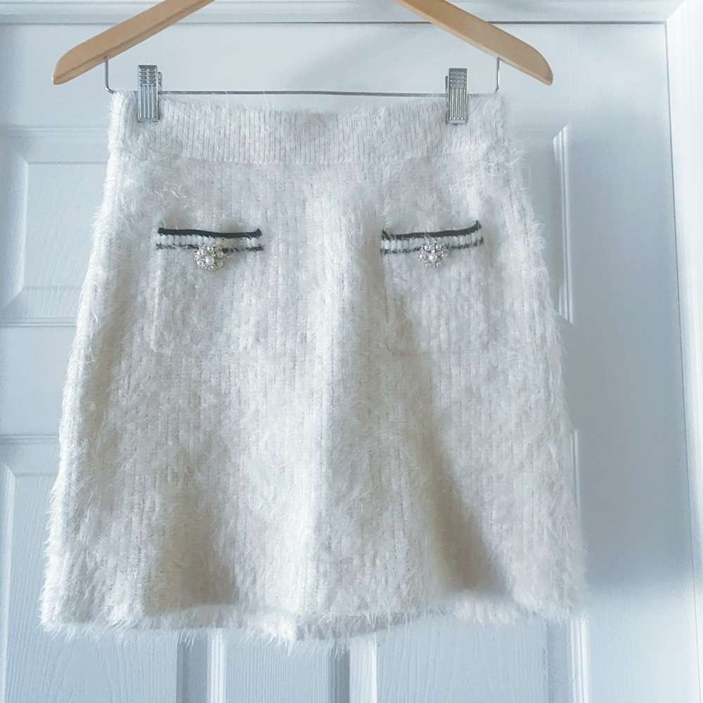 Self-Portrait Cream Mini Skirt with Pearl Details